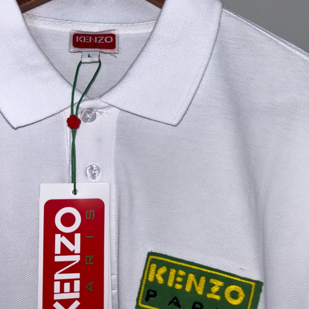 Kenzo White Polo Shirt with Green Logo